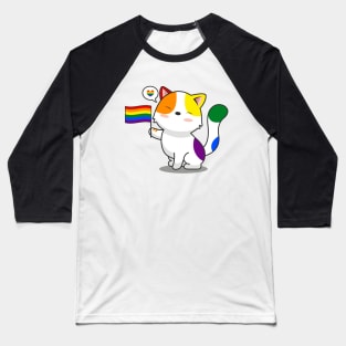 Cute Cat Holding LGBTQ+ Pride Flag Baseball T-Shirt